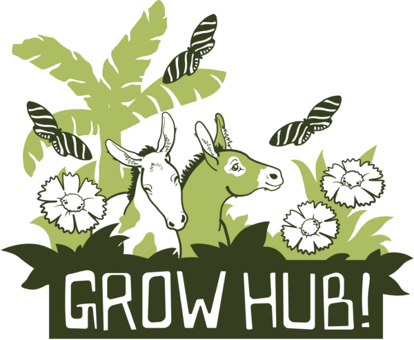 grow hub illustration of plants and donkey with butterflies