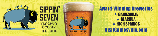 Image of the Sippin' Seven Ale Trail logo depicting a blue bison witj seven blue birds siting on the Bison's back. Photo also shows a pint glass with the same logo. Text on image says: Award-winning breweries. Gainesville. Alachua. High Springs. Visit Gainesville.com