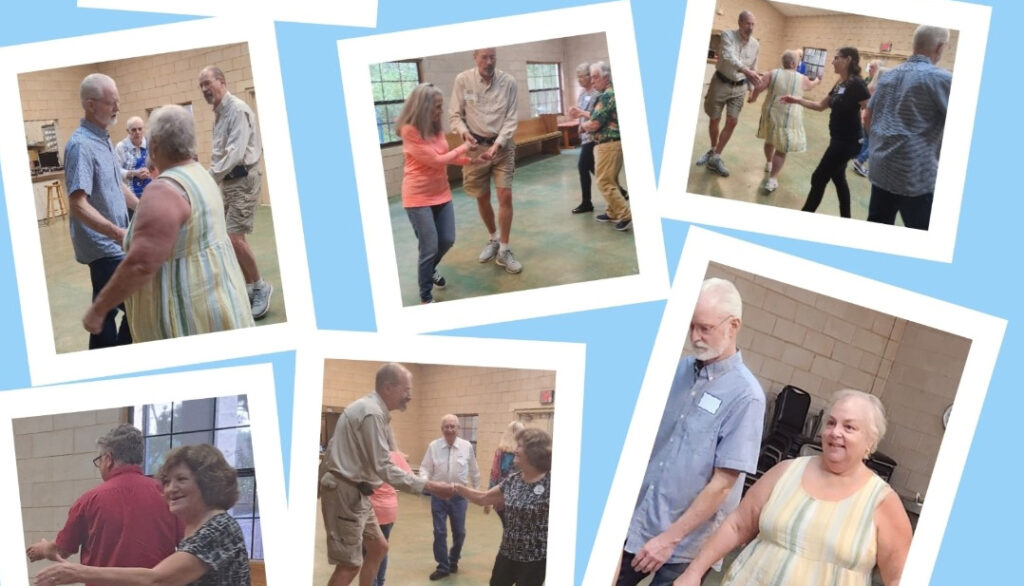 Photo of people various people engaging in square dancing. 