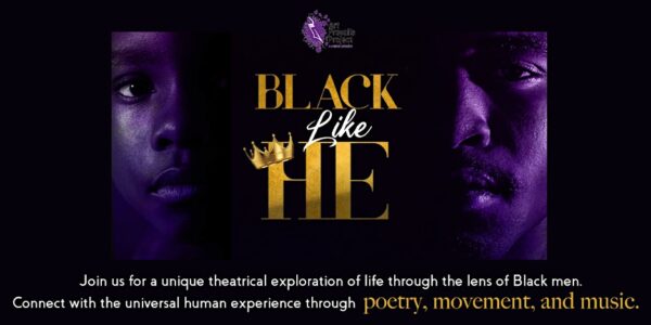 Black Like He flyer depicts two facial profiles of Black men along with details of the event