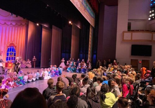 audience sitting on stage of the nutcracker