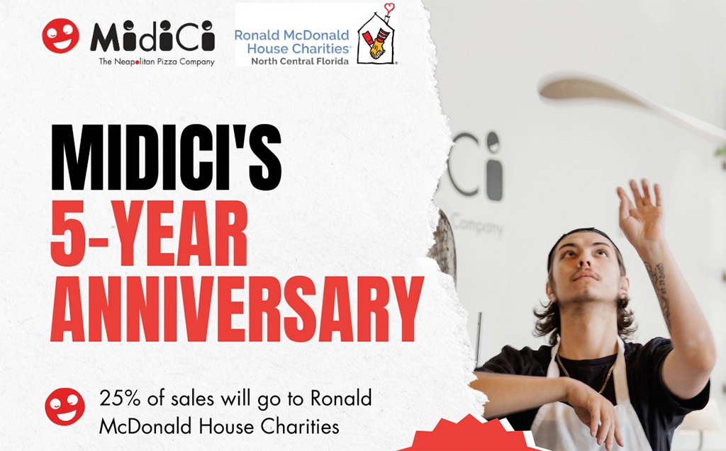 person flipping pizza dough in air, midici's 5-year anniversary