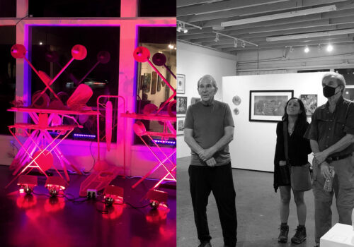 pink installation sculpture with black and white image of an older man observing a painting