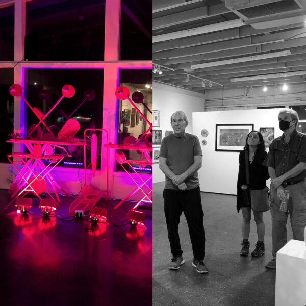pink installation sculpture with black and white image of an older man observing a painting