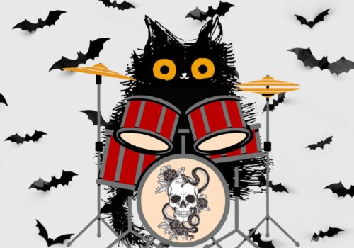 blackadder mascot behind a drumset