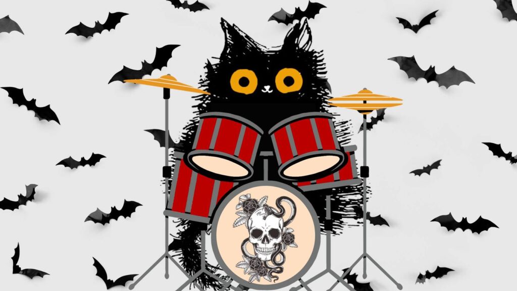 blackadder mascot behind a drumset