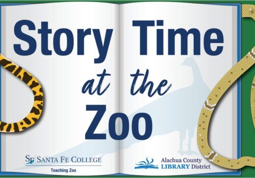 Storytime at the Zoo. Zoo Logo & Library logo. Open book with snake tail and ocelot tail on the sides