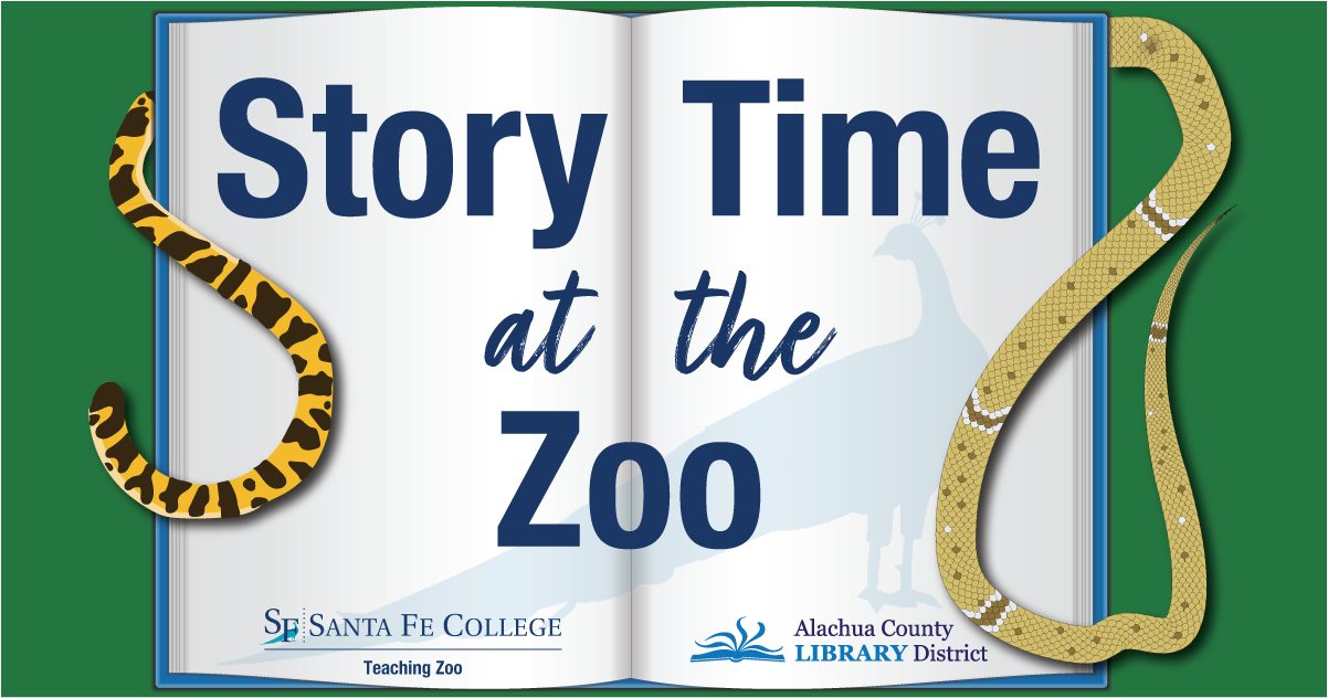 Storytime at the Zoo. Zoo Logo & Library logo. Open book with snake tail and ocelot tail on the sides