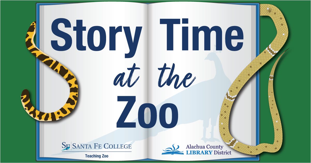 Storytime at the Zoo. Zoo Logo & Library logo. Open book with snake tail and ocelot tail on the sides