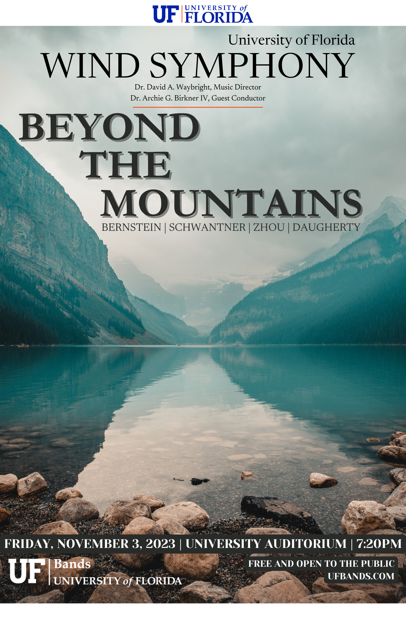 image of a mountain lake with text "beyond the mountains"