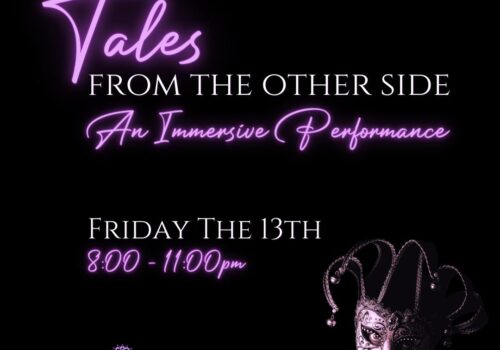 Graphic showing a glowing mask on a black background. The text says the title and time of the event.