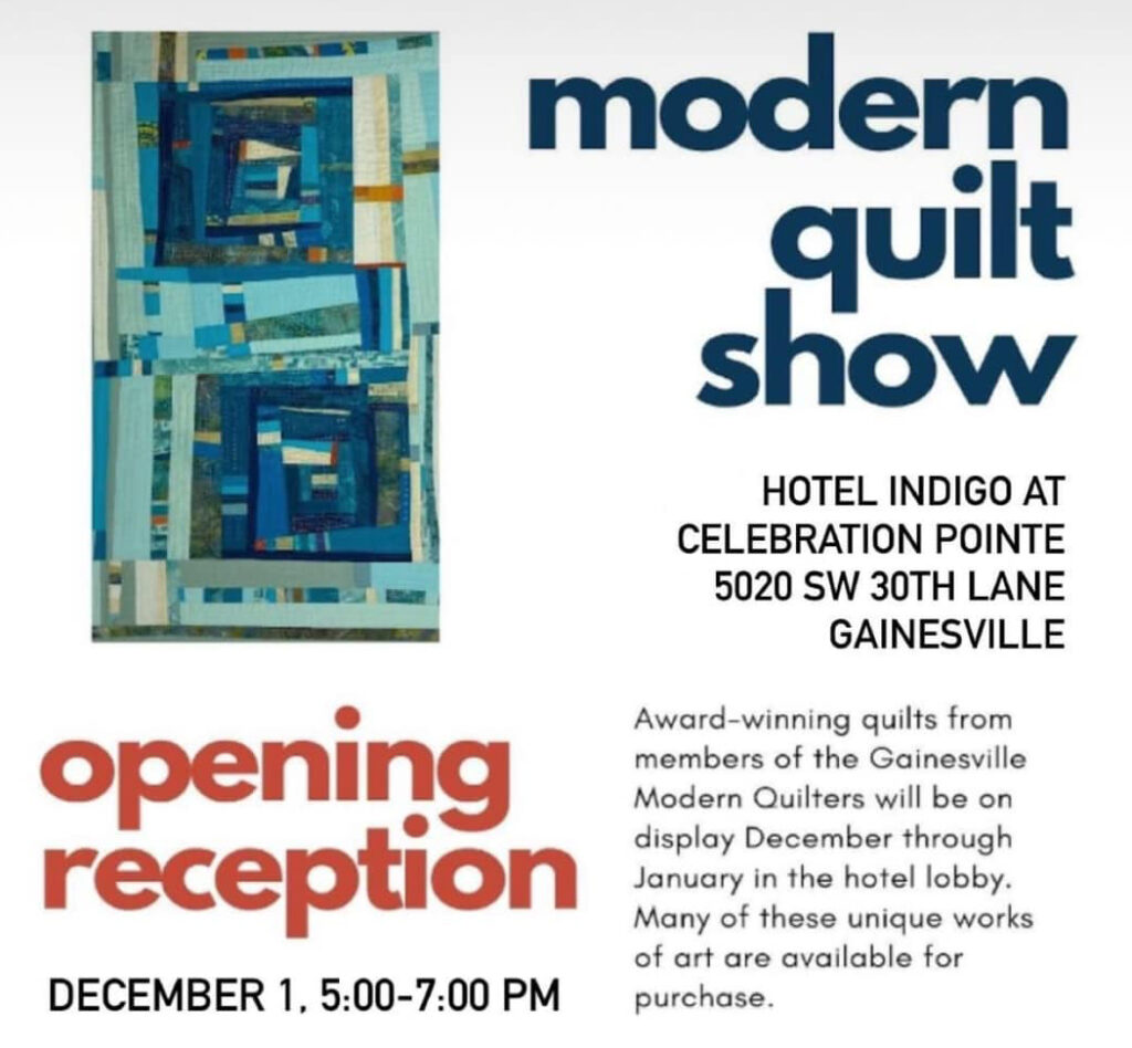 Graphis listing the details for the Gainesville Modern Quilters Reception at Hotel Indigo on December 1, 2023. Additional details are listed on the text immediately below. 
