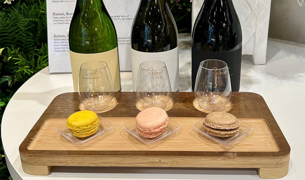 macarons and bottles of wine