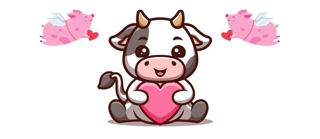 cow and pigs with hearts illustraiton