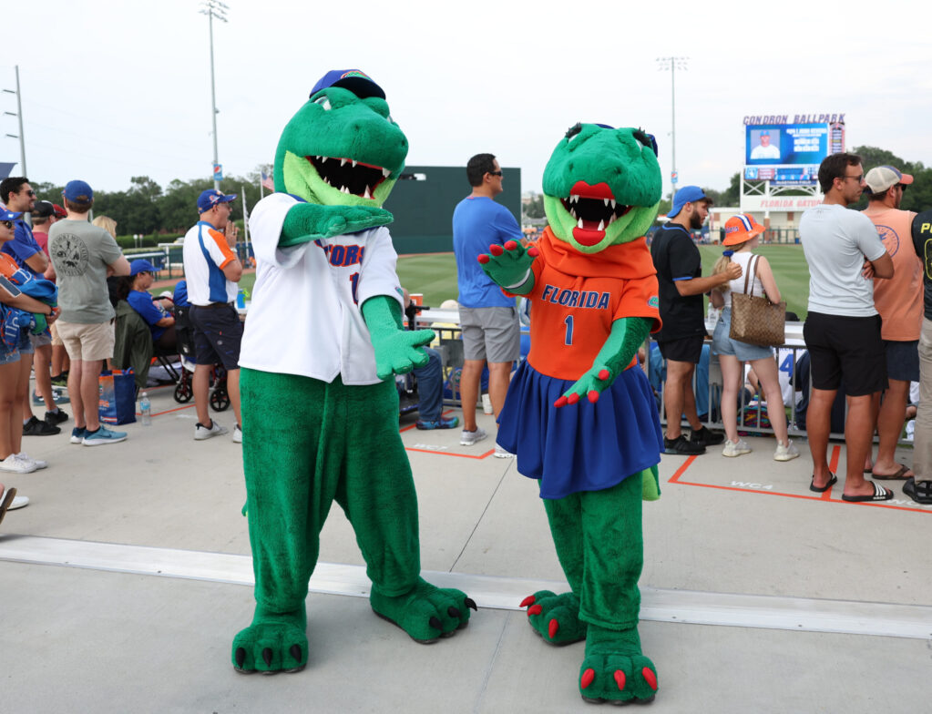 albert and alberta gator mascots at baseball game
