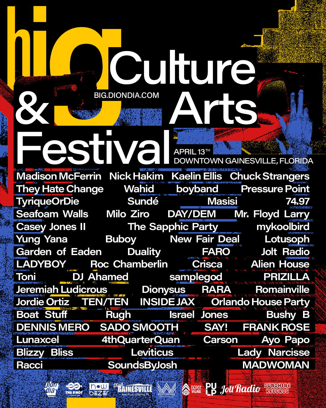 Red, Yellow, Black and blue flyer filled with musician names