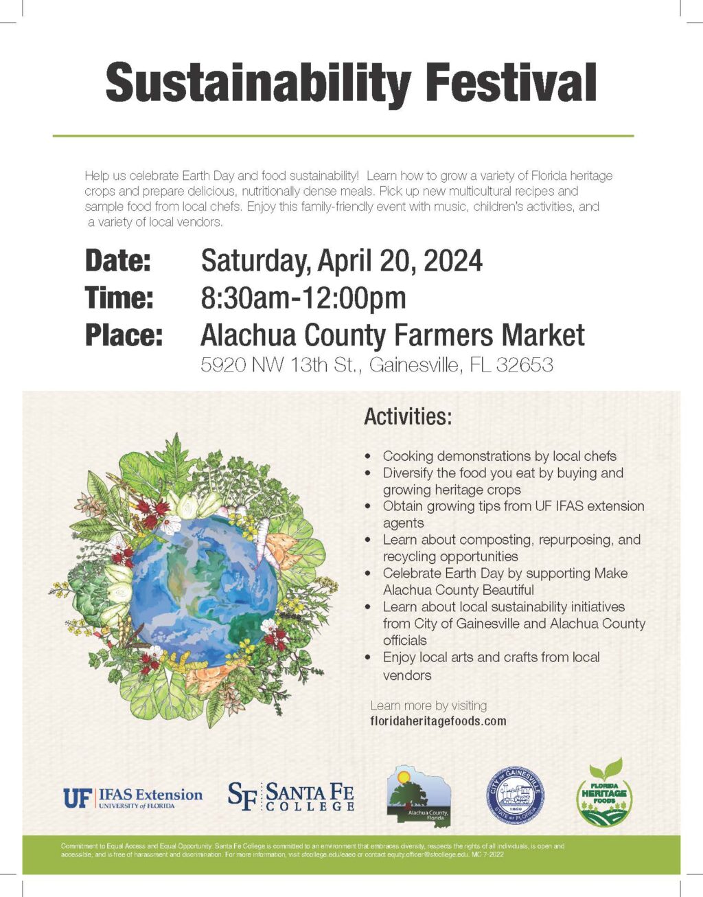 Event flier with image of the earth centered on North America, with various vegetables and herbs growing from all sides of it. Bottom of flier includes logos of participating organizations: UF IFAS Extension, Santa Fe College, Alachua County, City of Gainesville, and Florida Heritage Foods