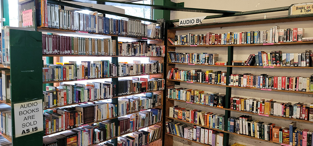 Bookshelves filled with books for sale
