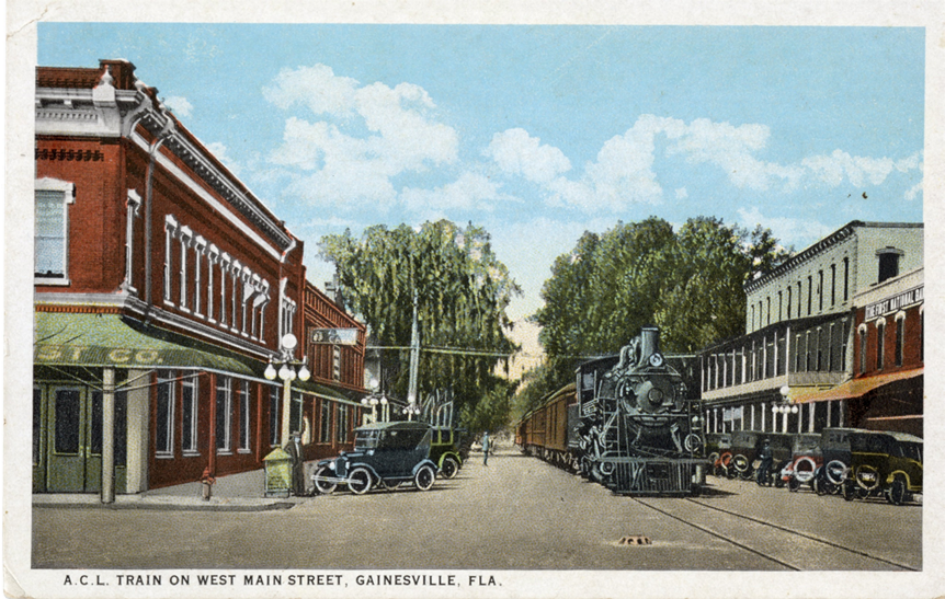 historic image of train on main street in gainesville