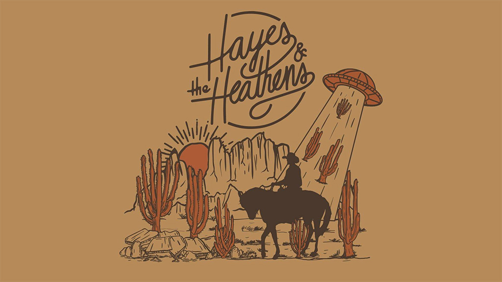 hayes the heathens illustration of cowboy in desert with alien spaceship