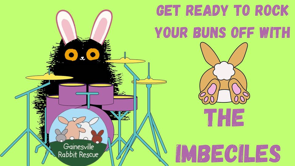 illustration of brewery mascot wearing rabbit ears behind a drum set