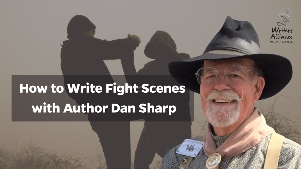 Author Dan Sharp pictured with a background of two people fighting