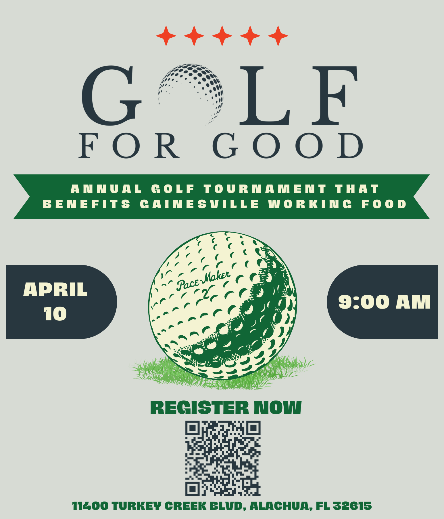 illustrated golf ball on the green with the words Golf for Good at the top