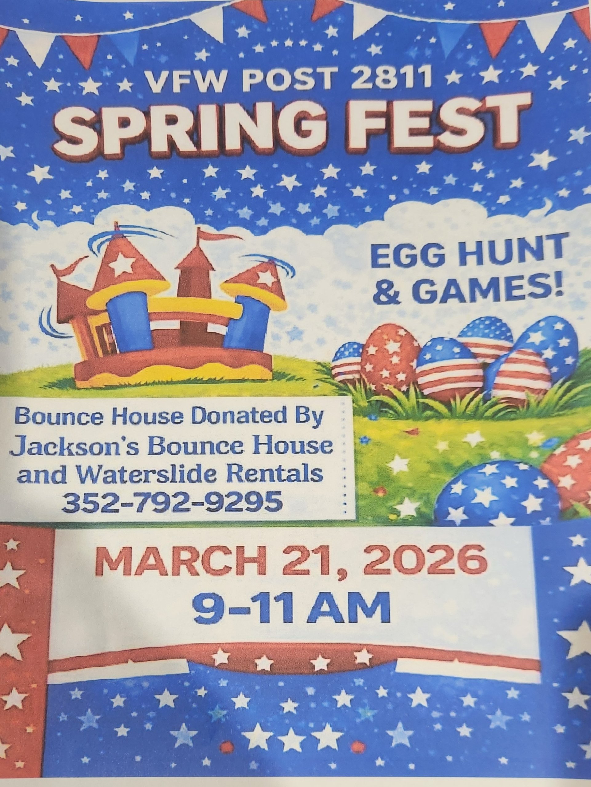 Spring Fest poster featuring a bounce house castle and egg hunting games