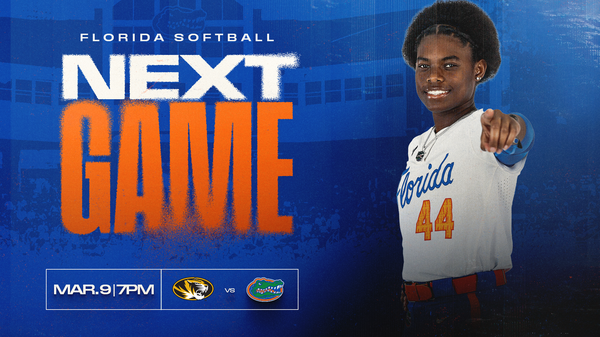 Florida Gators Softball vs Missouri featuring a gator softball player pointing at the camera
