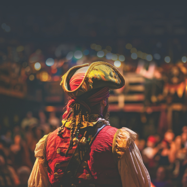 Pirate on stage facing away towards a crowd