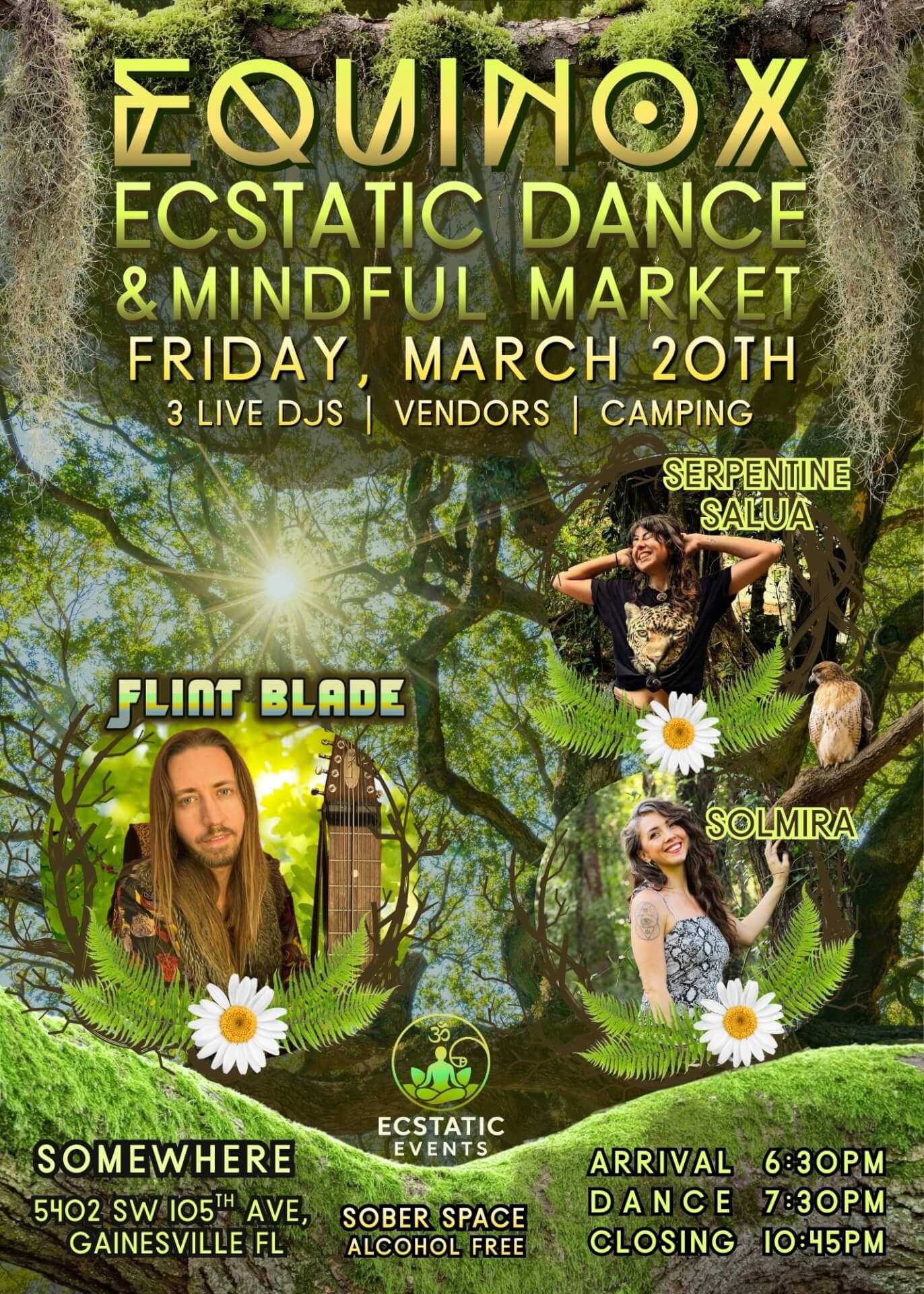 Spring Equinox Ecstatic Dance poster with green oak tree in the background and 3 DJ's being featured.