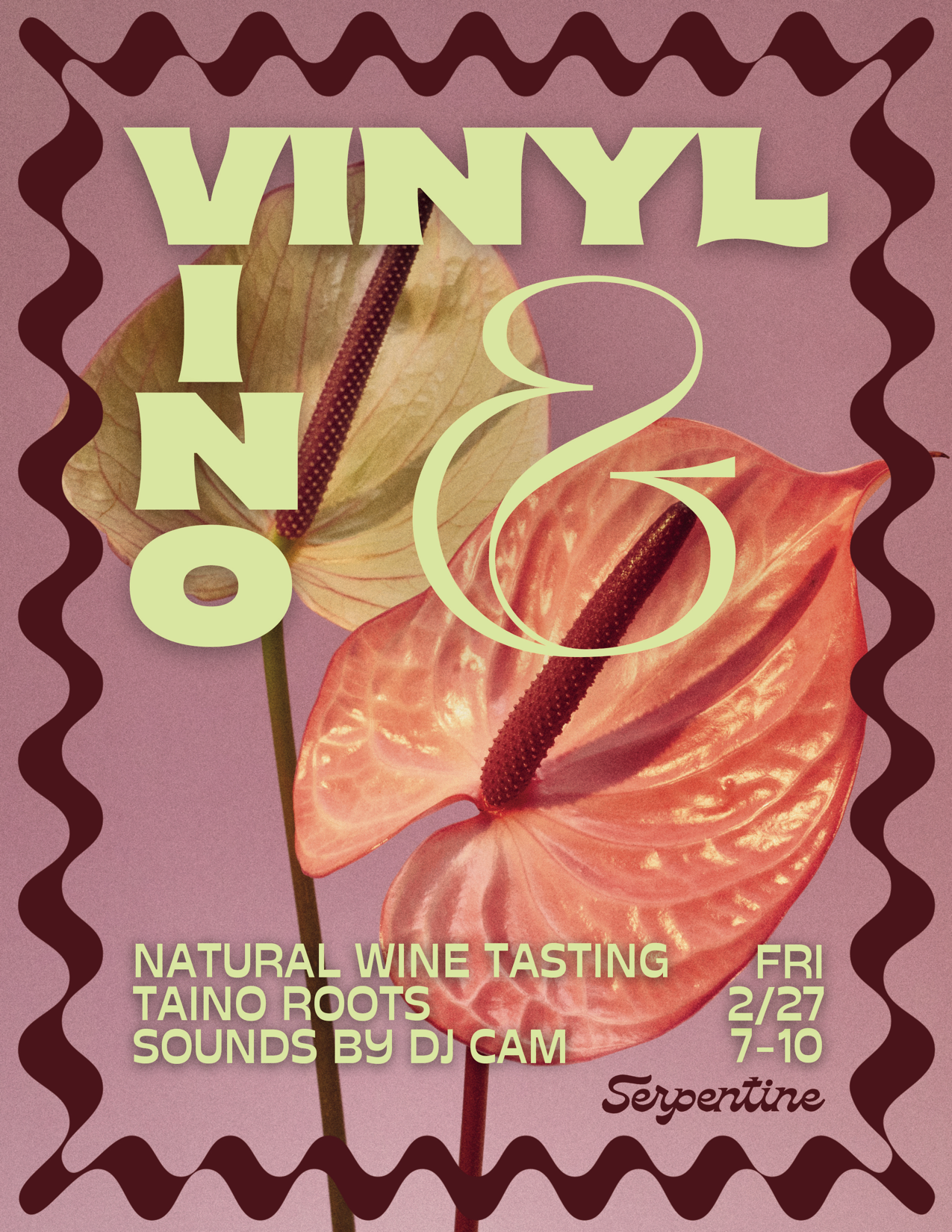 Vino and Vinyl Serpentine with a purple background and colorful lilly's