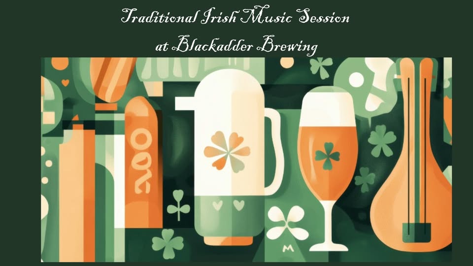 illustration of irish imagery, music instruments and craft beer
