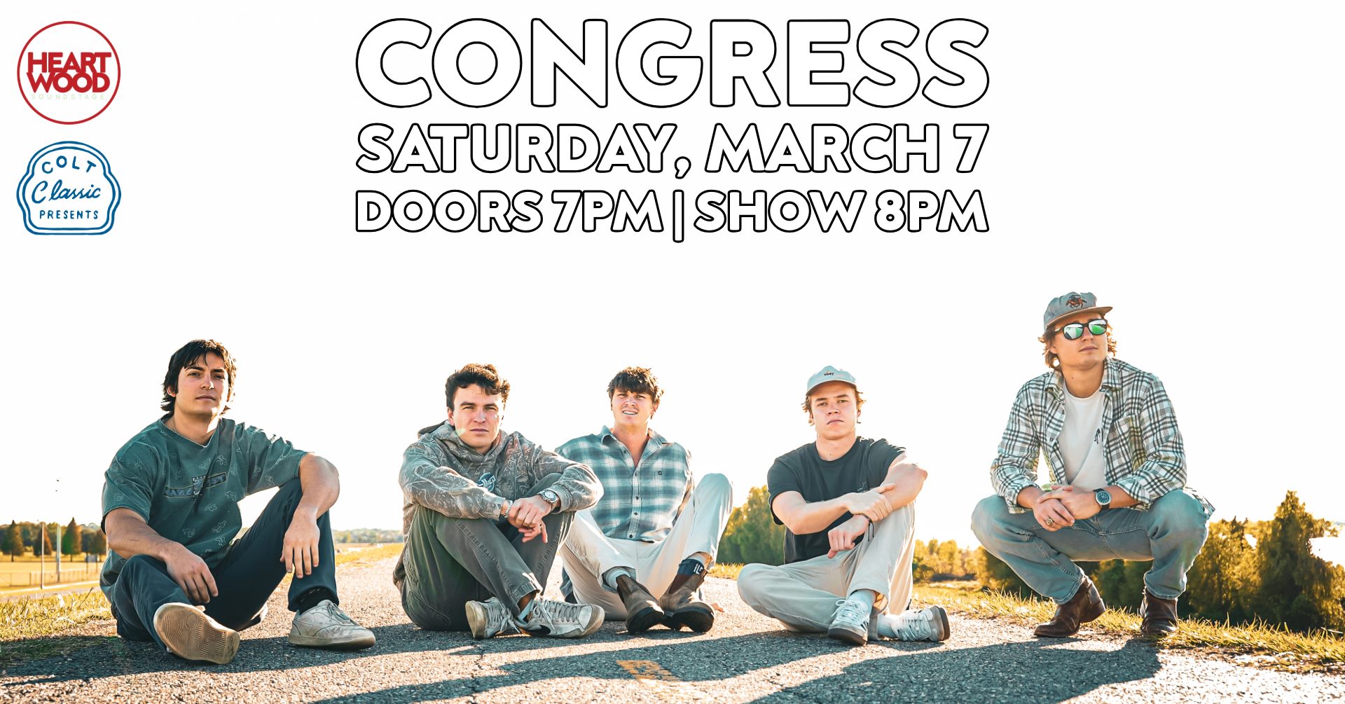 Congress The Band Gainesville poster with the band members sitting on the road looking at the camera