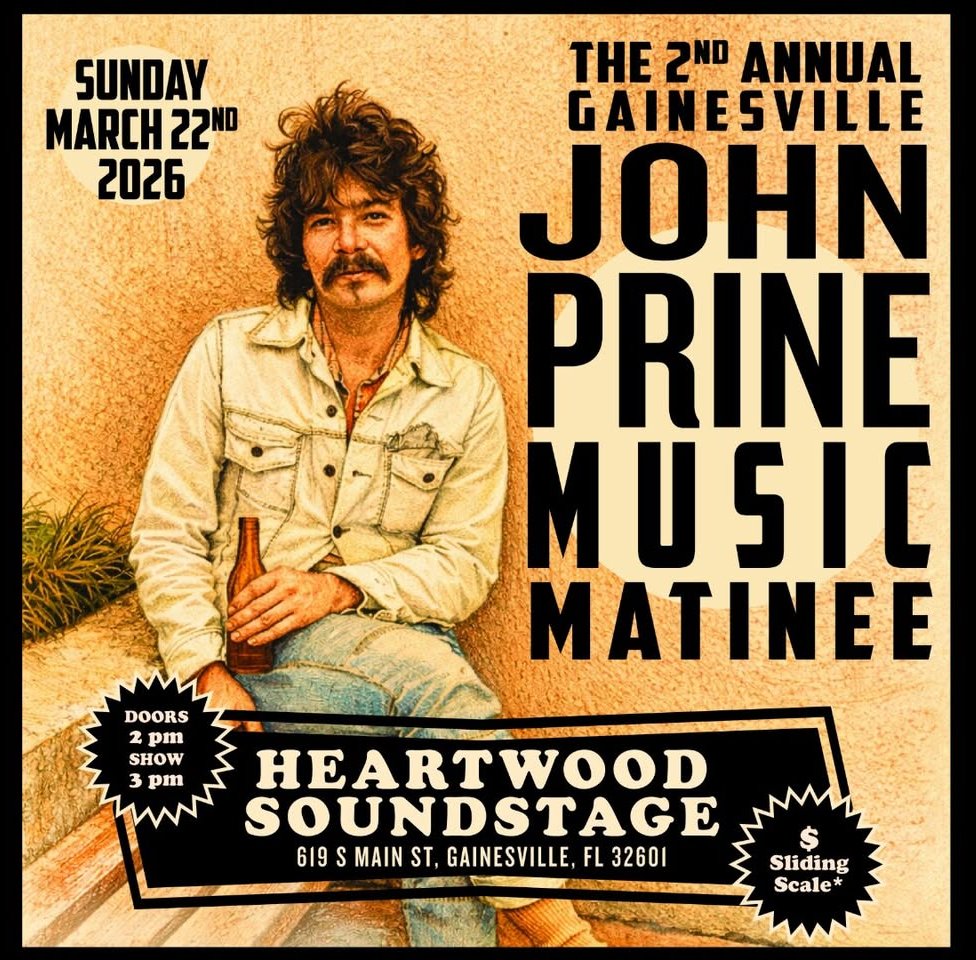 John Prine Music Matinee poster with an image of John Prine holding a beverage