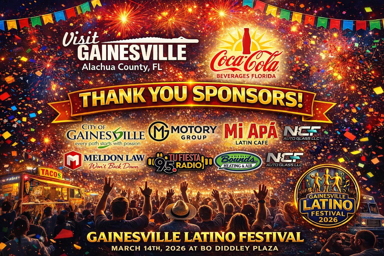 Gainesville Latino Festival featuring a colorful backdrop with people at a concert