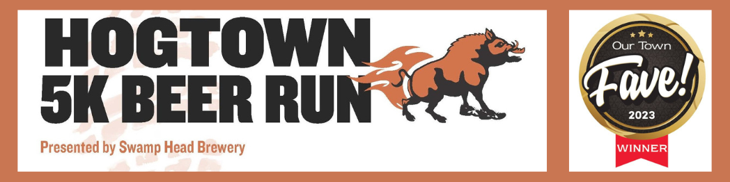 Hogtown 5K Beer Run presented by Swamp Head Brewery graphic with a hog and running shoes.