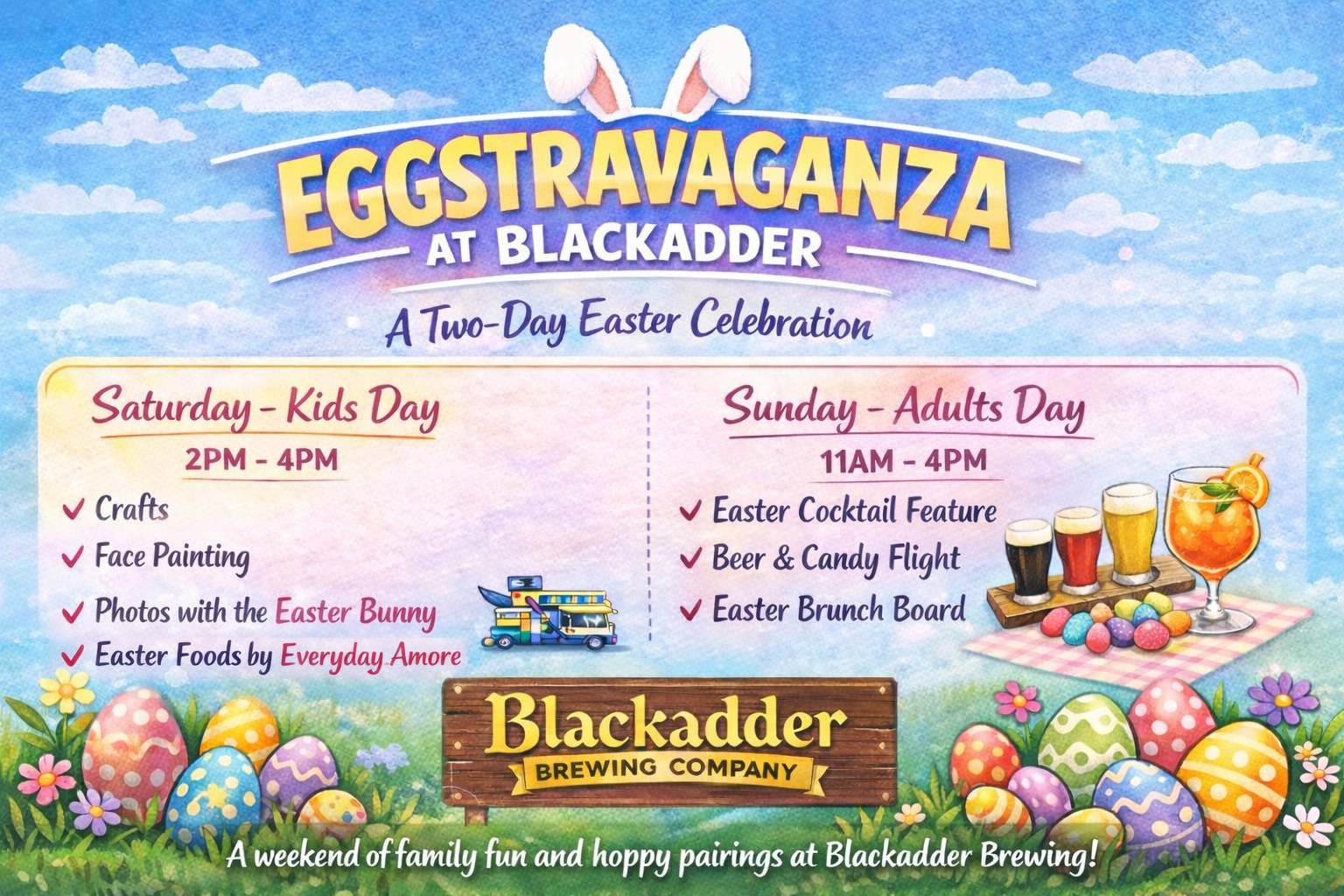 Eggstravaganza Blackadder Brewing Gainesville poster with a fun illustrated easter egg scene with bunny ears