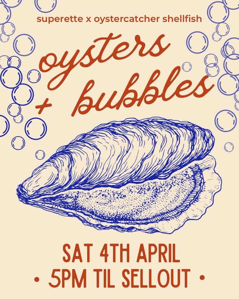 Oysters and Bubbles with an illustration of an oyster shell with bubbles all around
