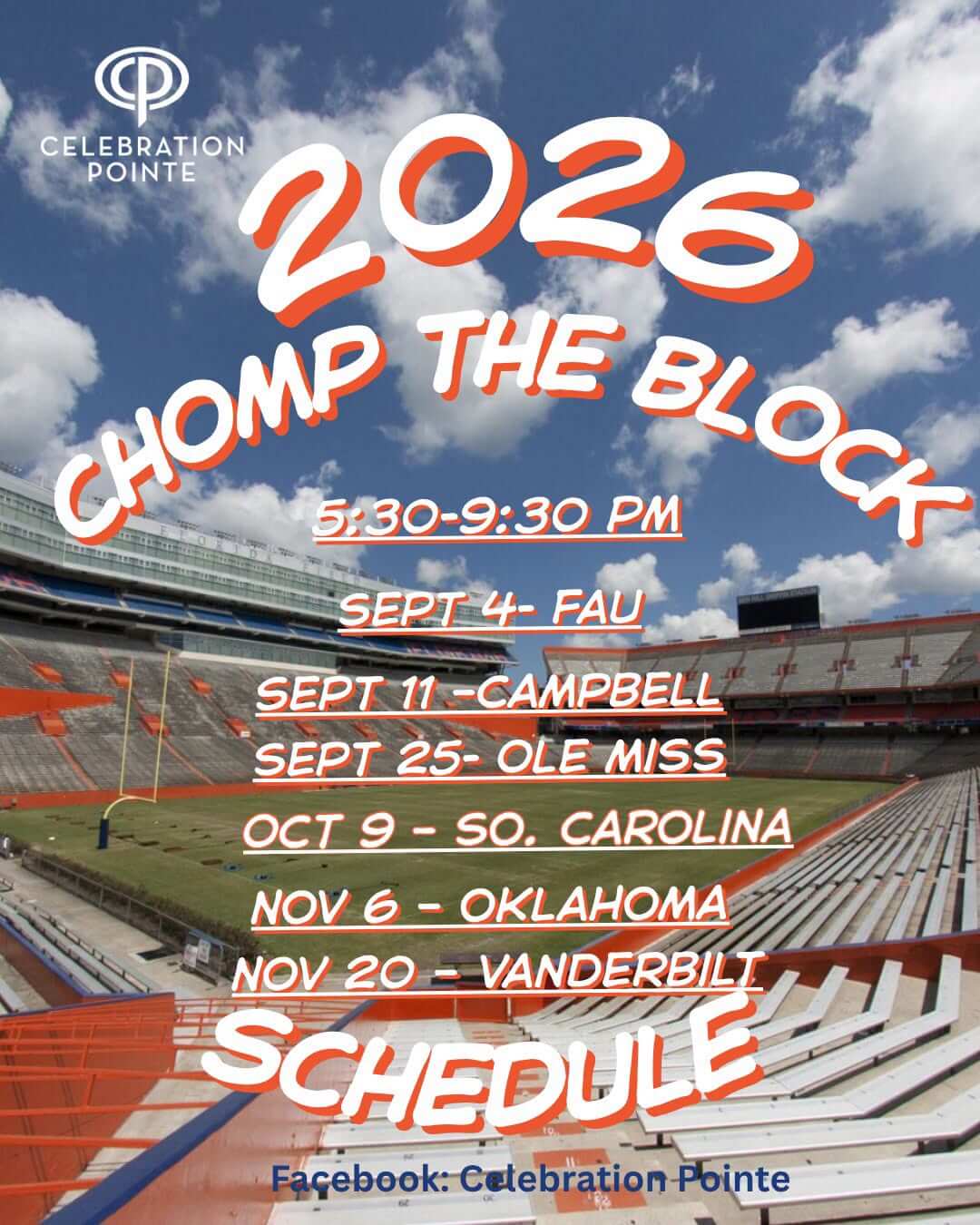 Poster for CHOMP the Block Gator Football Pep Rally & Block Party