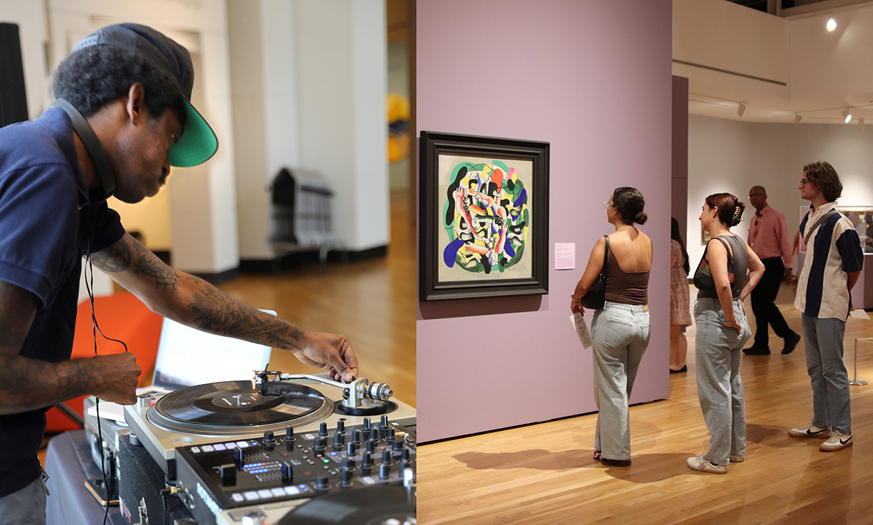 Two images showing a DJ spinning records, and a group of people viewing artwork