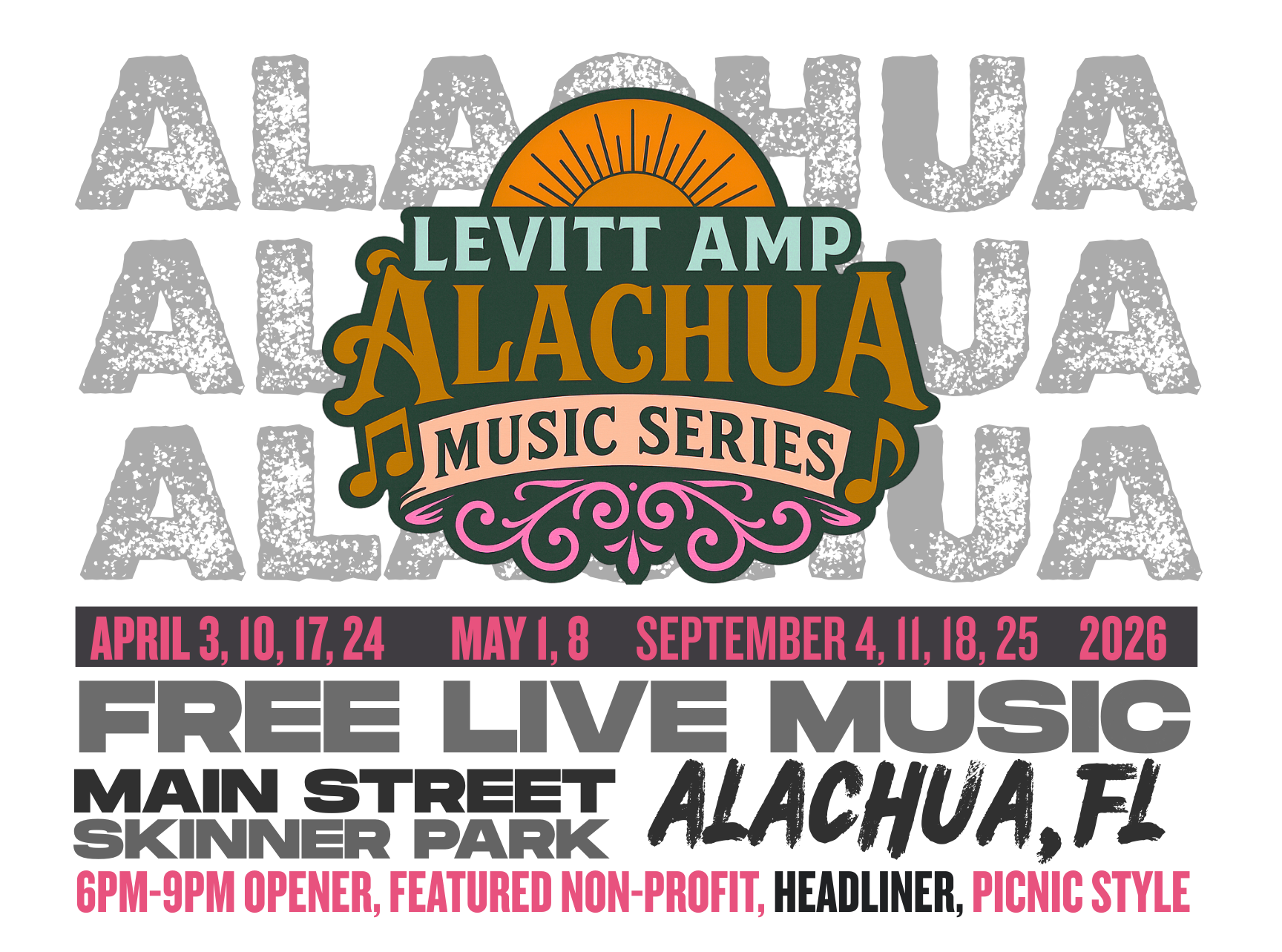 Free Live Music Alachua poster with the music series logo