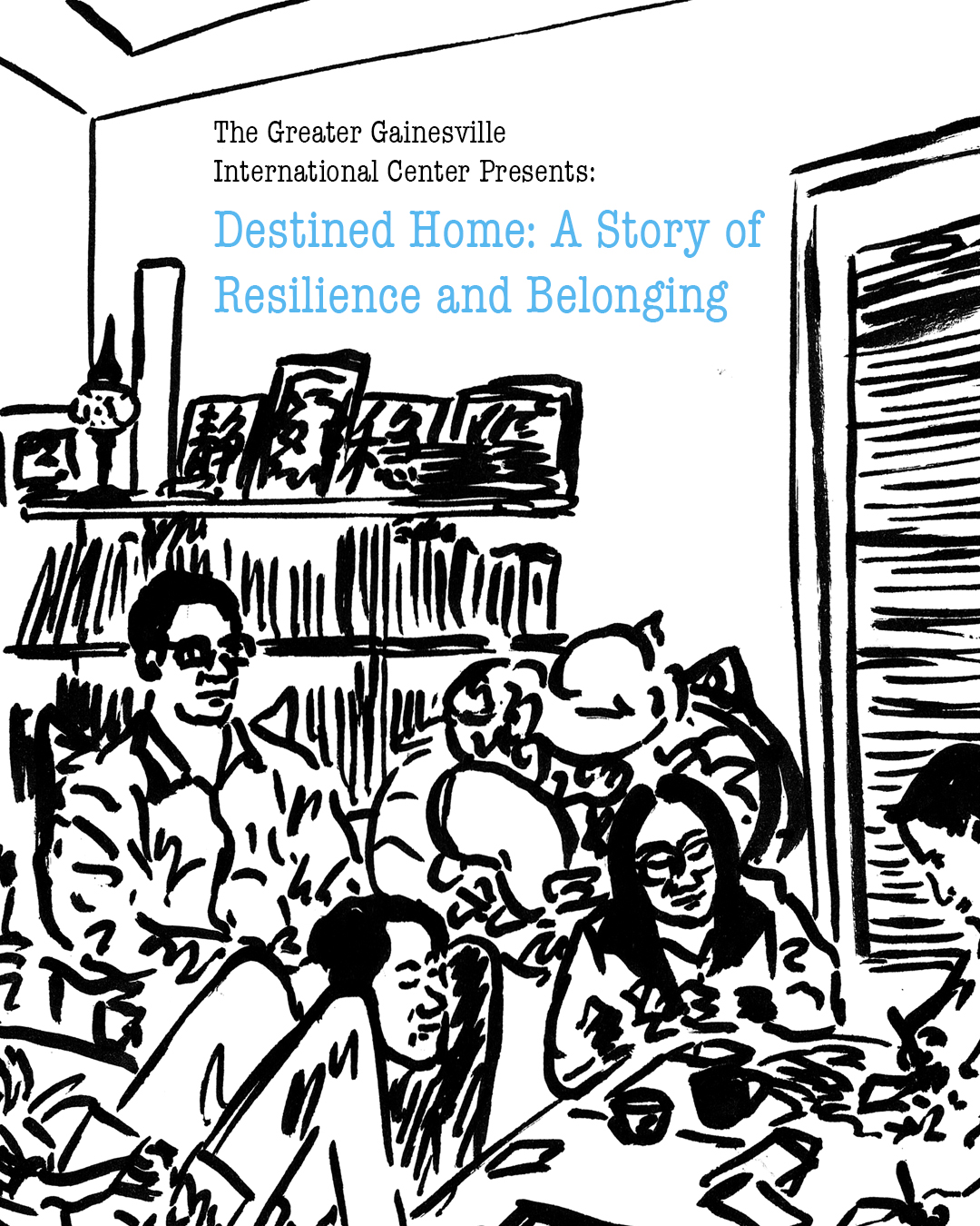 A black and white illustration of people gathered