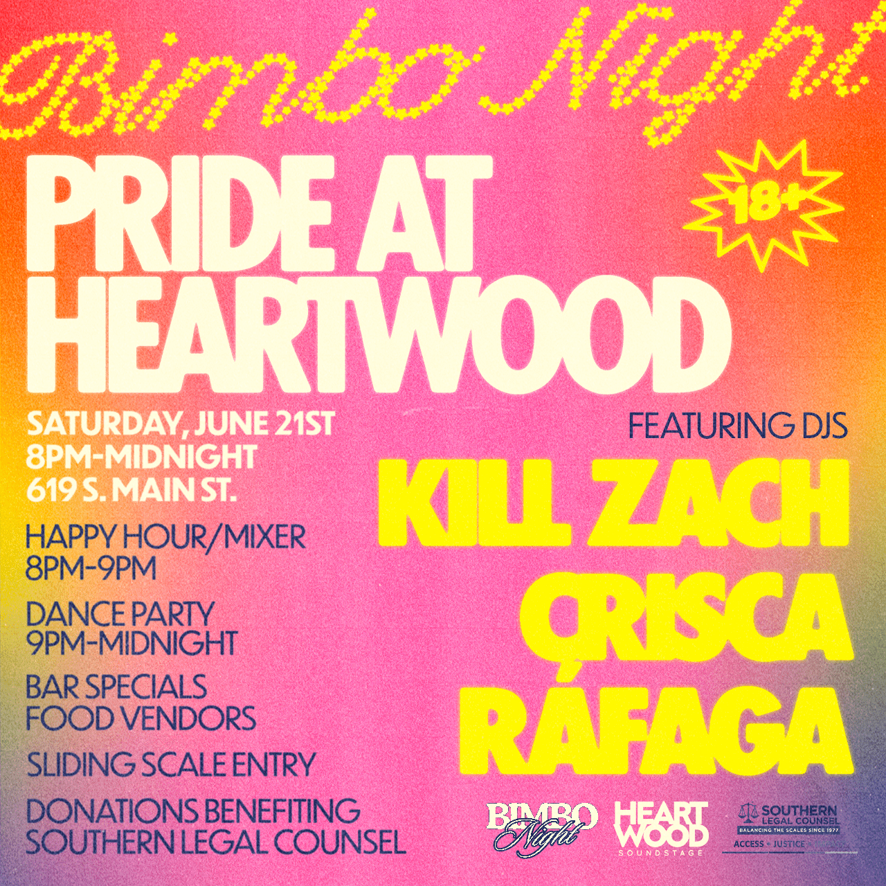 colorful event flyer for bimbo night pride at heartwood
