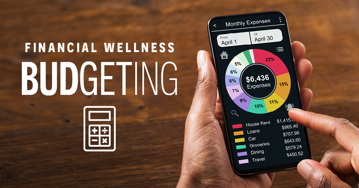 the words Financial Wellness Budgeting with a phone and a graph with budget numbers