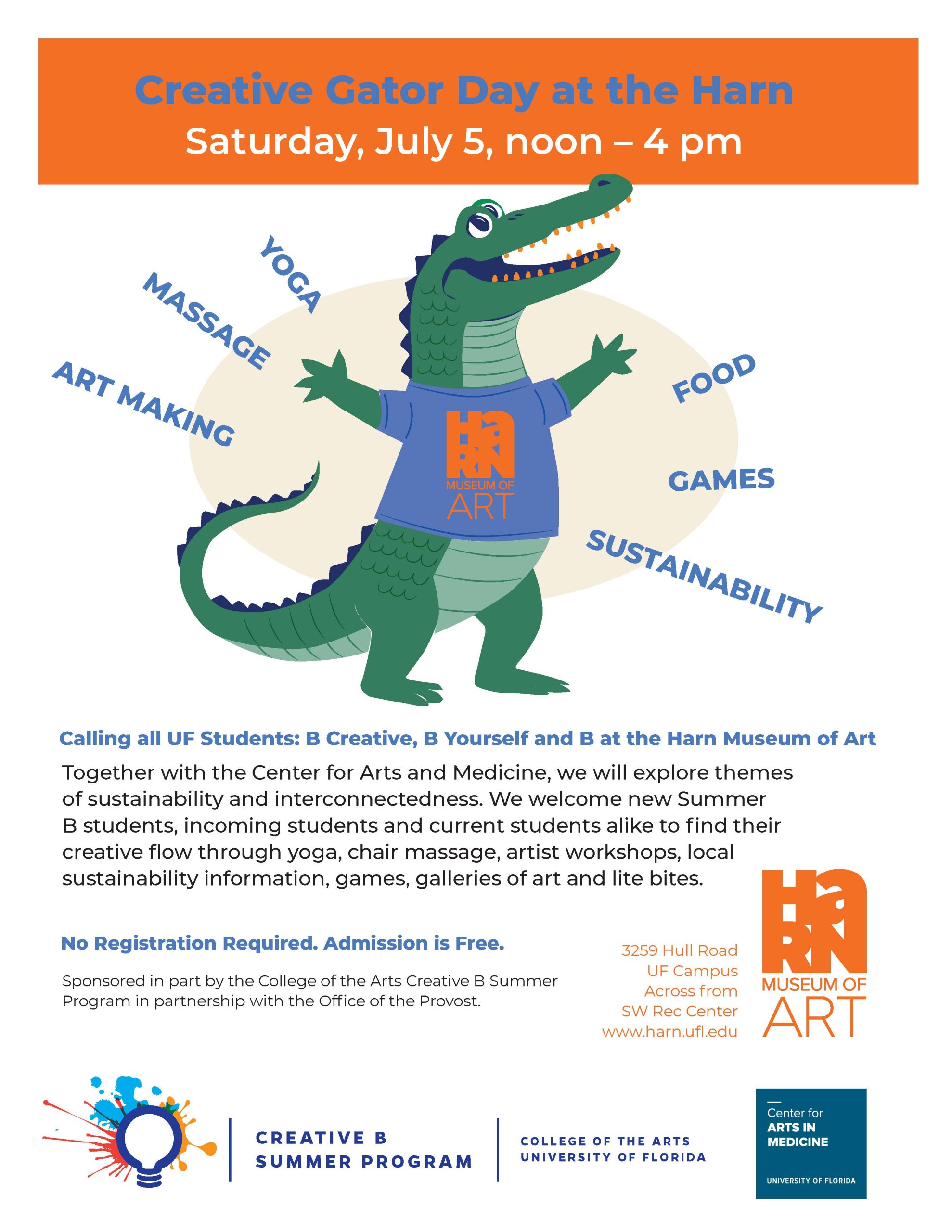 Cartoon green alligator wearing a blue t-shirt with the Harn Museum of Art logo