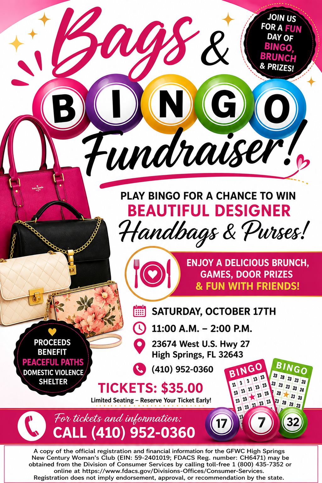 Poster for Bags & Bingo Fundraiser for Peaceful Paths