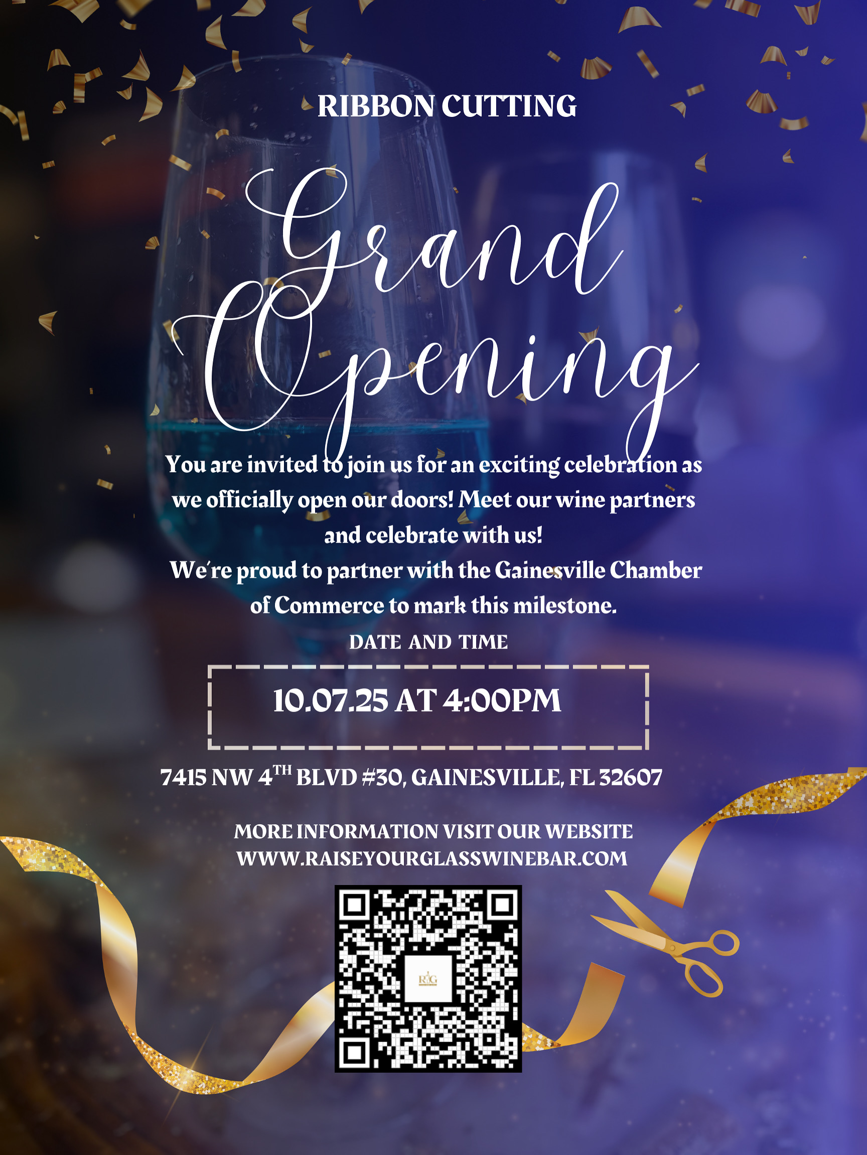 grand opening event flyer at raise your glass wine bar
