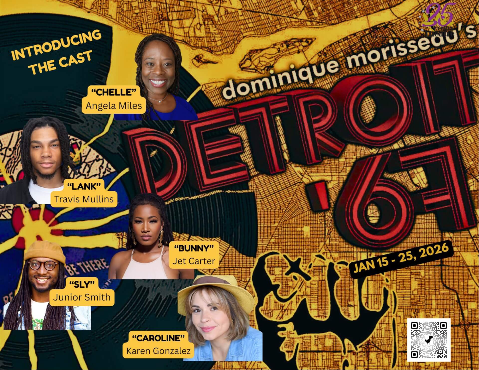 Image announcing play titled Detroit 67 the images shoes various actors, the title of the play all over a minimalist graphic representing the city of Detroit. Detroit 67 in written in red. The close city street map is in yellow.