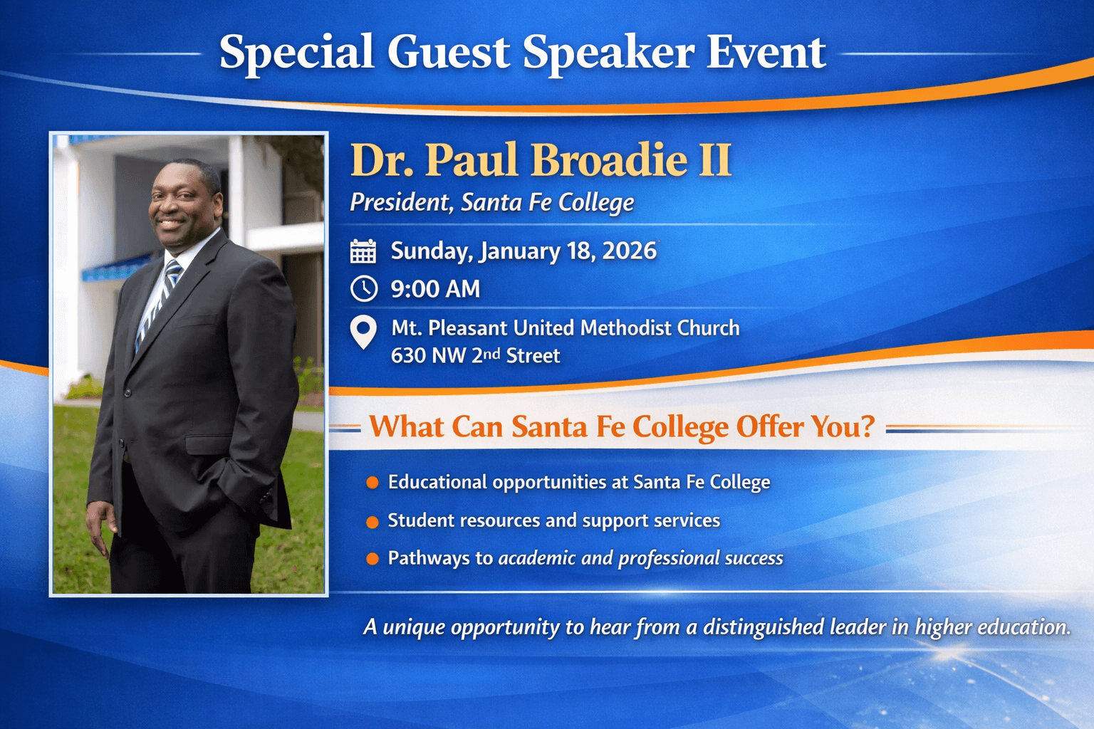 Photo image of man in a suite. The man is Dr-Paul-Broadie-II-who will speak at a Special-Event-at-Mount-Pleasant-Church in Gainesville, Florida